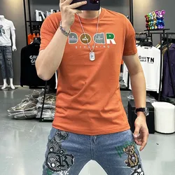 T-shirt Men's Summer New Printed Short Sleeved Fashionable Round Neck Trendy Top Silk Cotton Bottom Tees Slim Fit Male Clothing