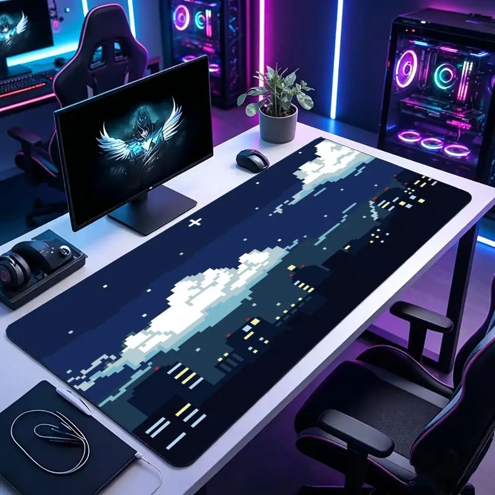 Large XXL Gaming MousePad Desk Mat Keyboard Pad Pixel Art Night City Cloud Star Sky Retro Print NonSlip Rubber E-sports PC Gamer