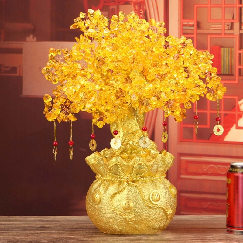 Big Yellow Crystal Creative Citrine Lucky Tree Chinese Feng Shui Lucky Money Tree Fortune Tree for Desktop Ornament Home Decors