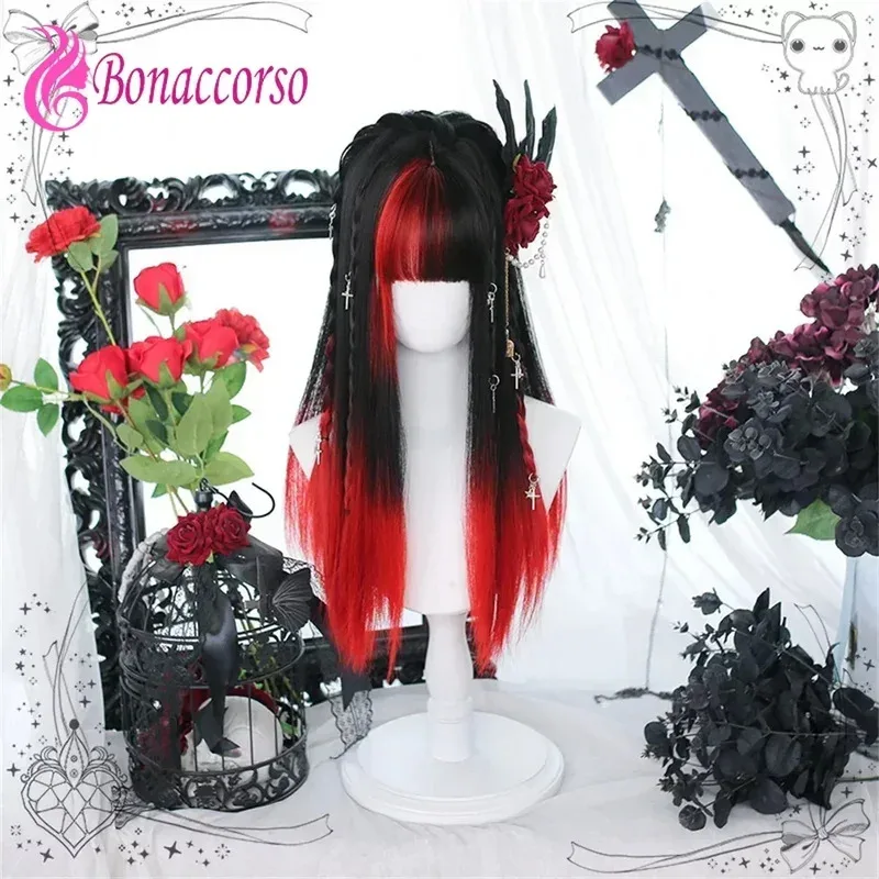 

Cosplay Gothic Lolita Long Straight Synthetic Wig Highlights Blunt Bangs Dark Style Girl Heat Resistant Fiber Daily Party Wig