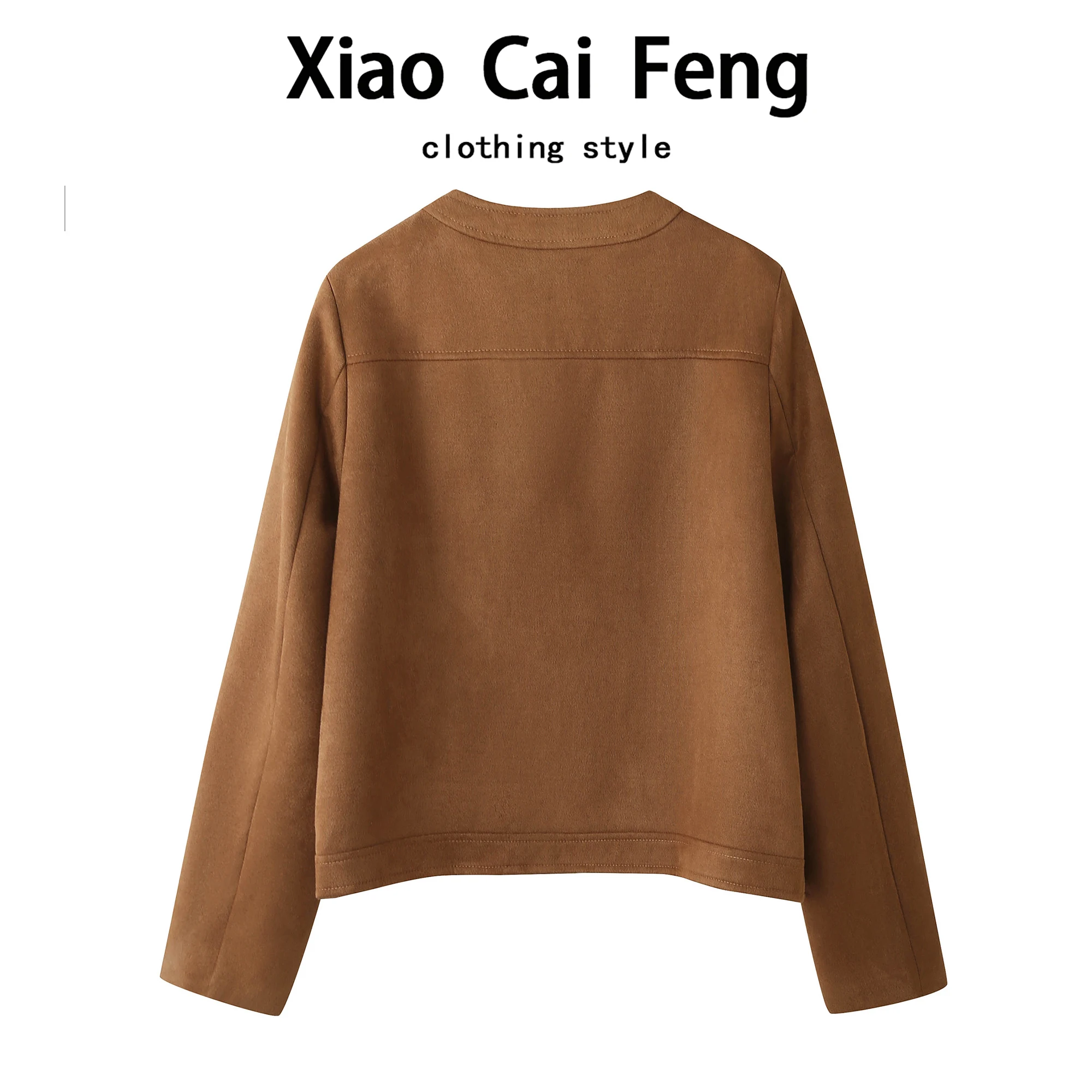 Elegancka zamszowa kurtka damska na jesień, okrągły dekolt, zapinana na guziki, wyszczuplająca, uniwersalna, metalowa, niebieska, okrągły dekolt, top.