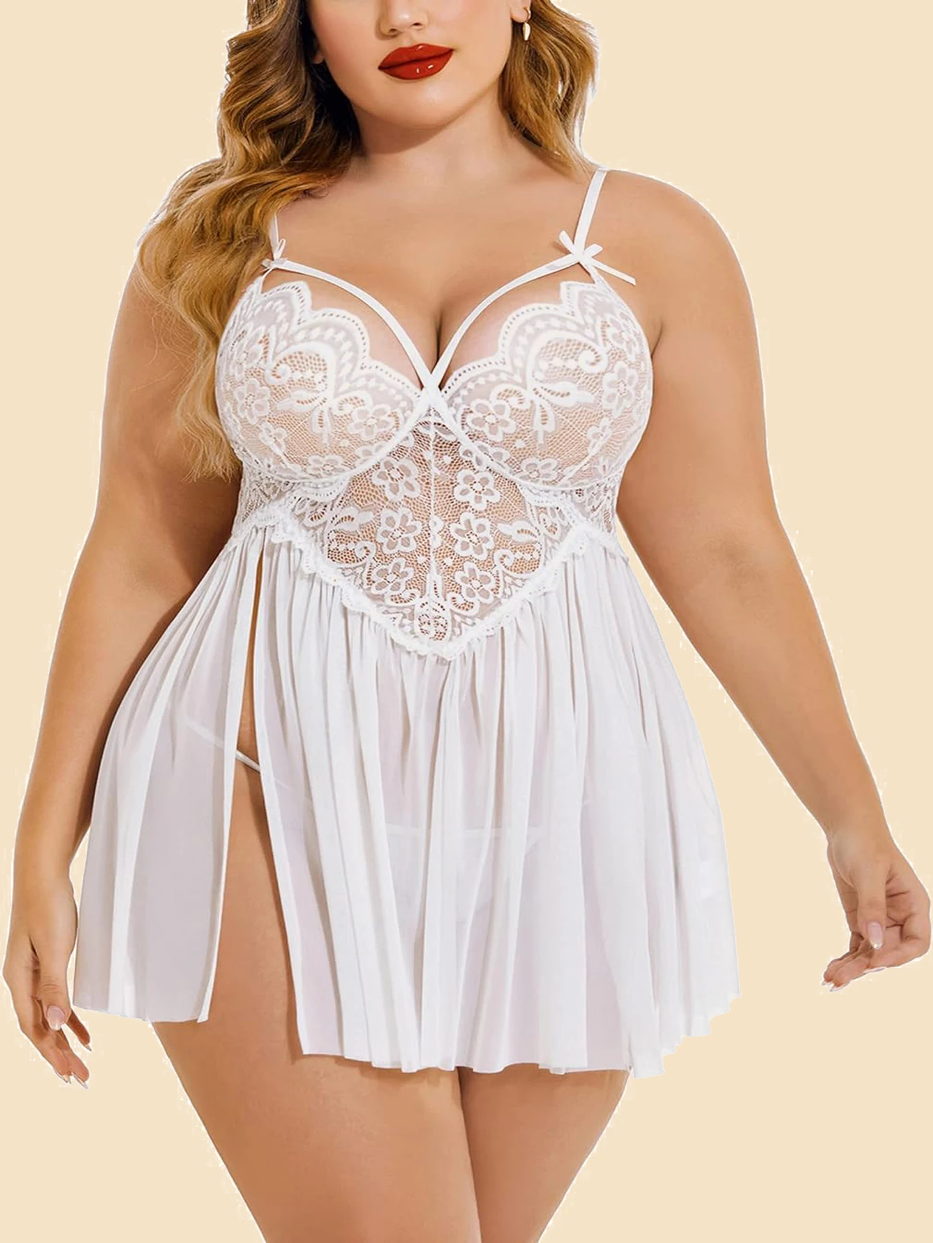 Plus Size Lace Babydoll Lingerie for Women - Sheer Mesh Chemise Nightgown with Side Slit & Bow Decor, Sexy Sleepwear Dress