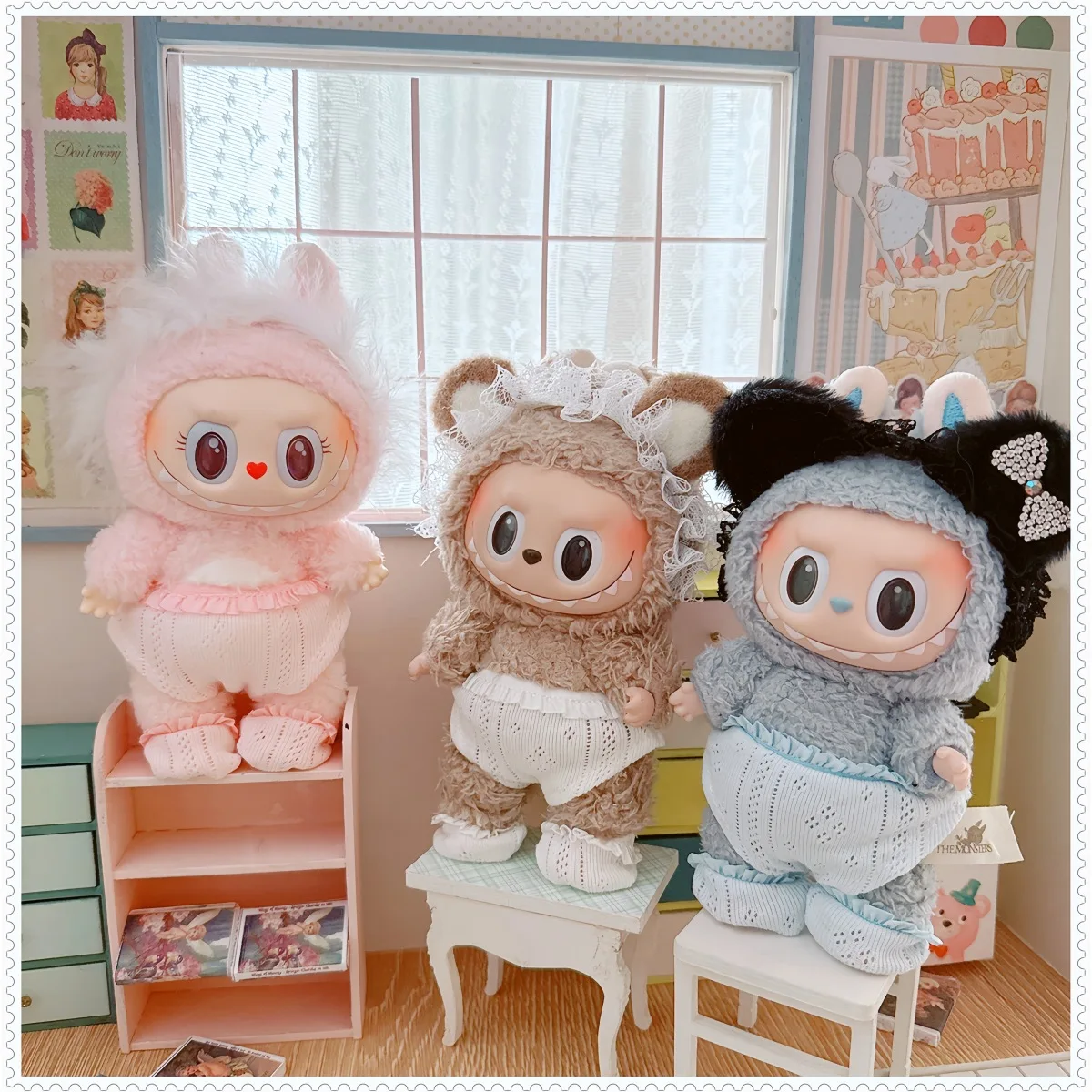 17cm Labubu Clothes Cute Pink Blue Socks Pants 3Pcs Set 10cm Mini Idol Doll Clothes Accessories Toys for Girls Boys Fans Gifts