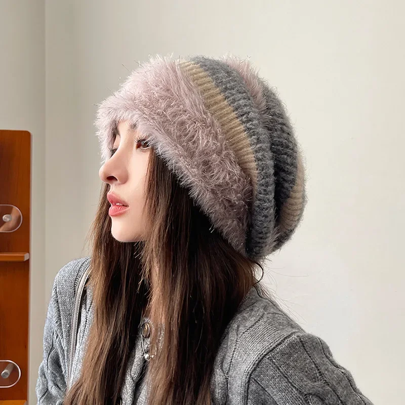 Autumn and Winter Lazy Wind Stack Hat Plush Ear Protector Pullover Cold Hat Showing Face Small Confinement Hat