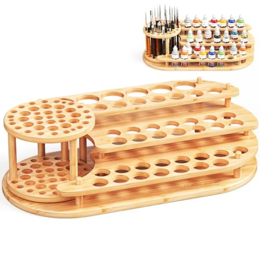 

Bamboo Paint Organizer and Paint Brush Holder 2-in-1, 3-Tier Desktop Storage Rack with 42 Paint Bottle Holes and 39 Paint Brush