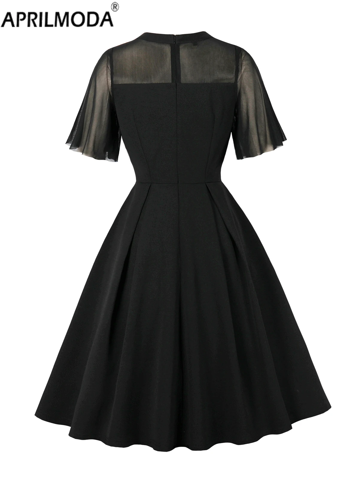 2025 Mesh Black Red Patchwork Elegant Sheer Midi Short Swing Dresses Birthday Prom Party Banquet Women Plain Vintage Swing Dress