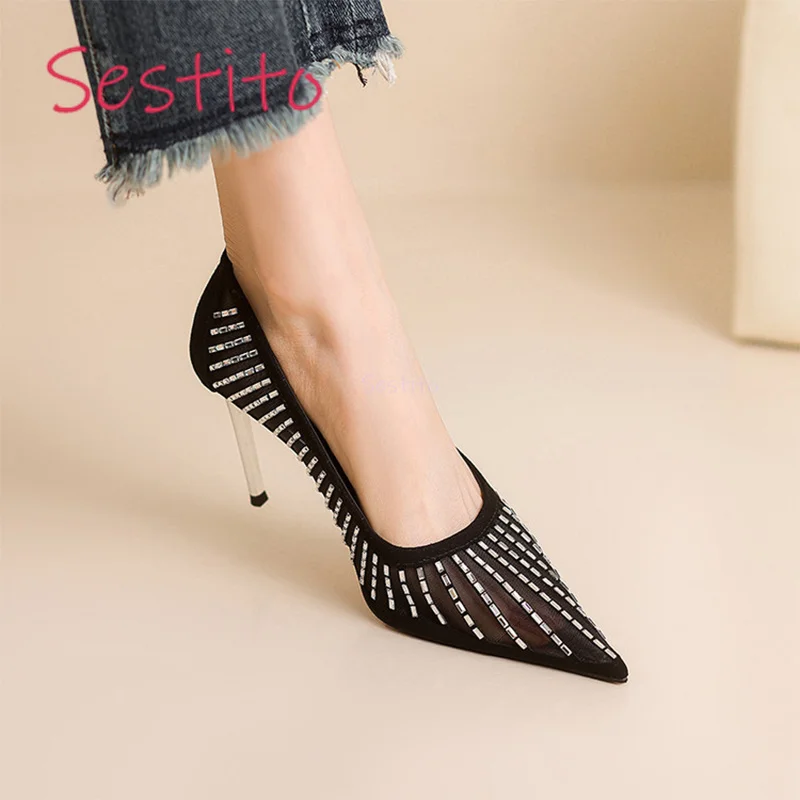 

Mesh Hollowed Out Single Shoes for Women Full Diamond Fashion Design Solid Color Shallow Mouth Slim High Heels Party Shoes