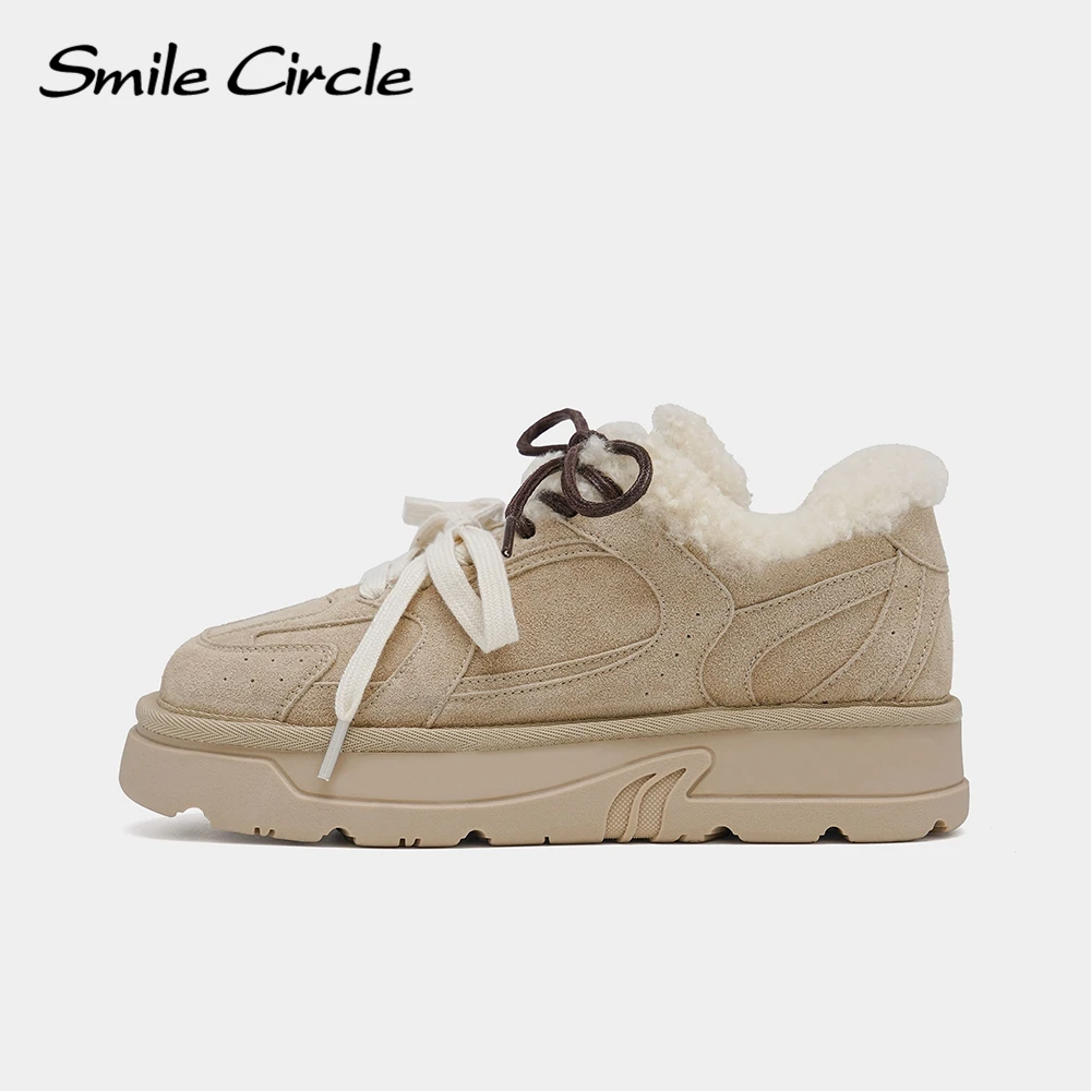 Smile Circle Women Casual Shoes Winter Suede leather Double Lace up Fur Warm Chunky Shoes