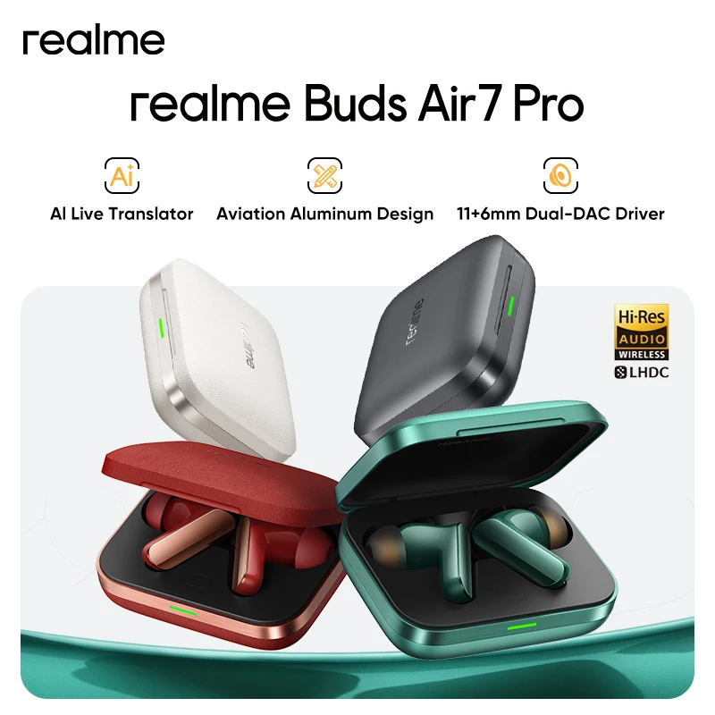 Écouteurs realme Buds Air 7 Pro avec traducteur en direct et réduction du bruit en temps réel de 53 dB, double haut-parleur DAC de 11 + 6 mm