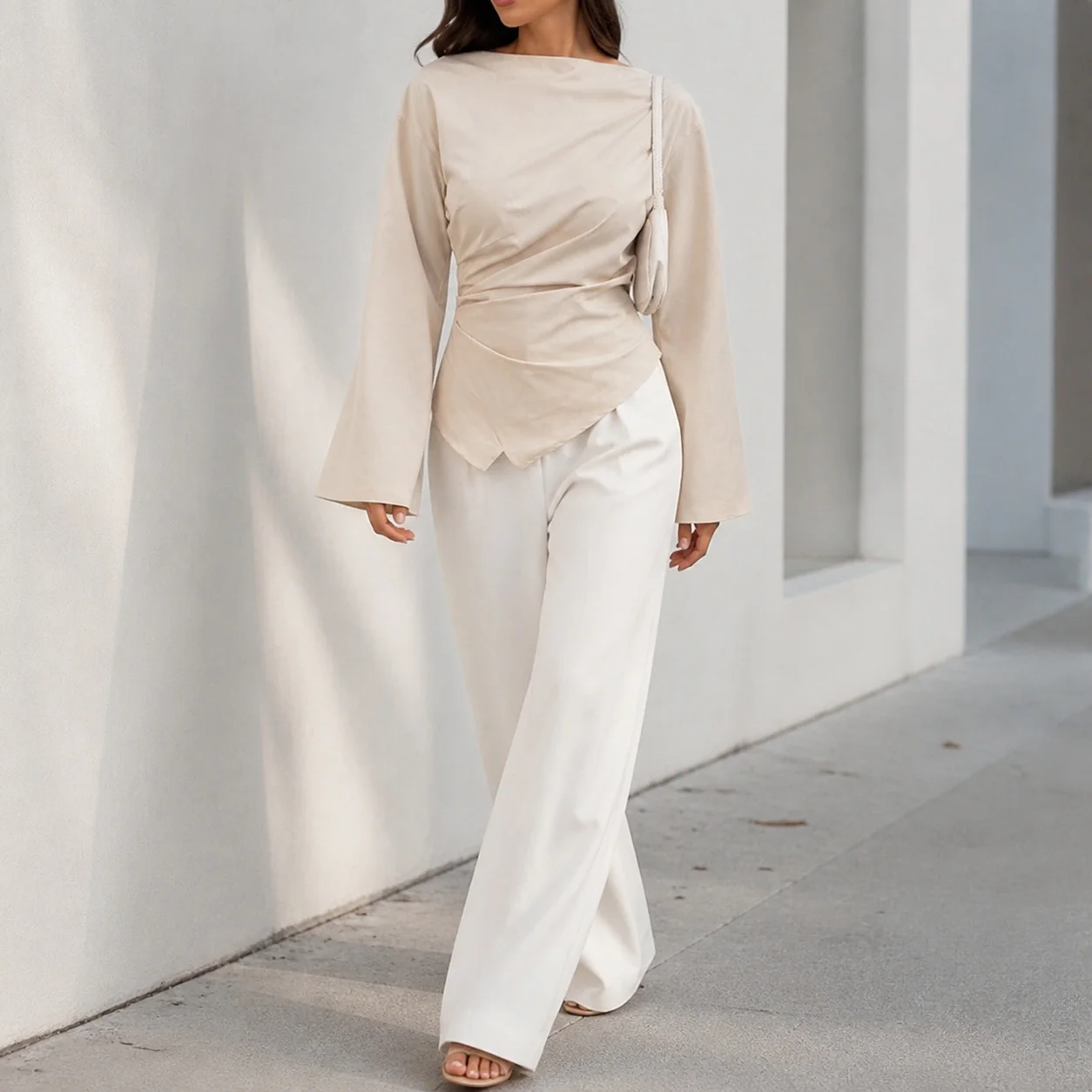 Casual Ruched Top with Asymmetrical Hem Long Sleeve Flared Sleeve Boat Neck Pullover Mid Length Japanese Korean Casual Women Top