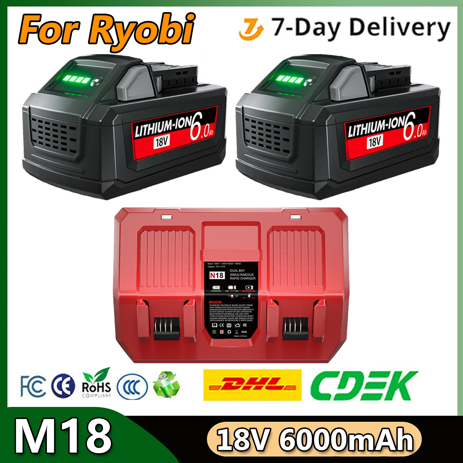 For Milwaukee M18 6000mAh 18V Li-ion Replacement Battery M18B5-XC For Milwaukee 18V Tool 6.0Ah Rechargeable Battery 6A Charger