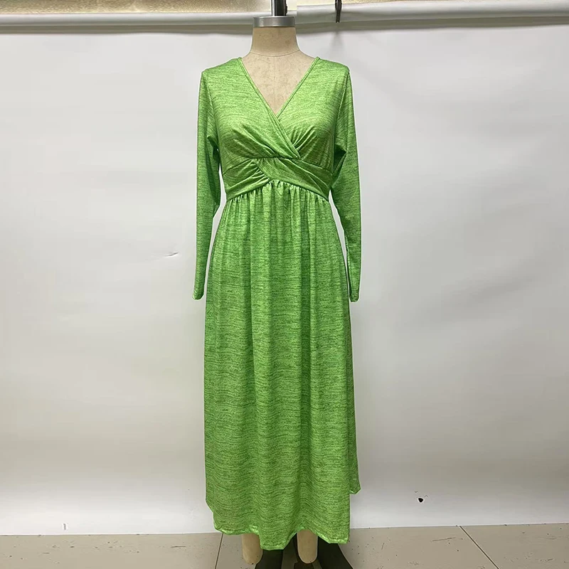 

Autumn Summer V Neck Long Sleeve A-Line Party Dress Women Casual Loose Maxi Dresses For Women Midi Dress Plus Size