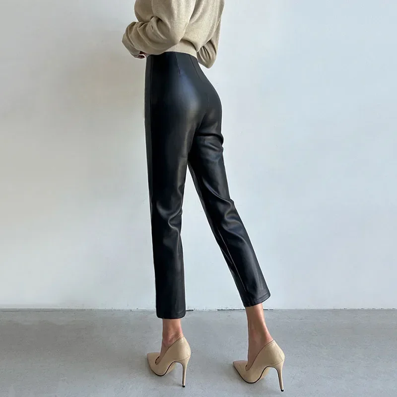 2024 여성용 하이 웨이스트 슬림핏 펜슬 팬츠, PU 가죽 스트레이트 레그, 따뜻한 플리스 안감 바지, 신상