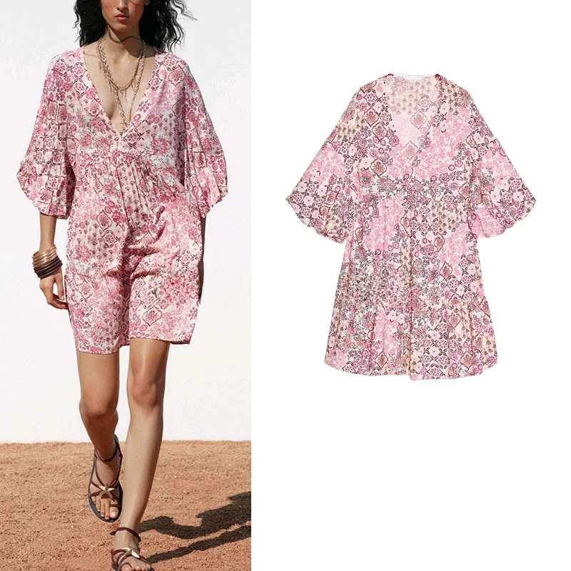 Vestido f de verão, novo, em camadas, com decote em V, manga bufante estampada,  vestido casual, cintura solta, fi...