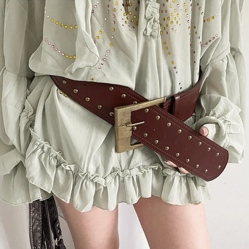 Plus Size Wide PU Leather Belt Rivet Patchwork Heavy-Industrial Design Rivet Waist Belt Trendy Punk Style Western Cowboy Style