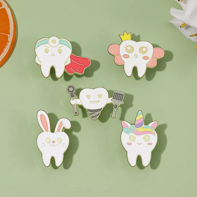 Funny Smiling Face Teeth Design Metal Enamel Brooch Cartoon Cute Care Teeth Series Badge Pin Gift Men Women Clothing Accessories