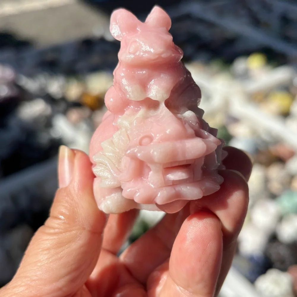 Natural Pink Opal Rabbit on Dragon Turtle Carving Figurine Reiki Healing Crystal Stone Home Decor Spiritual Gift
