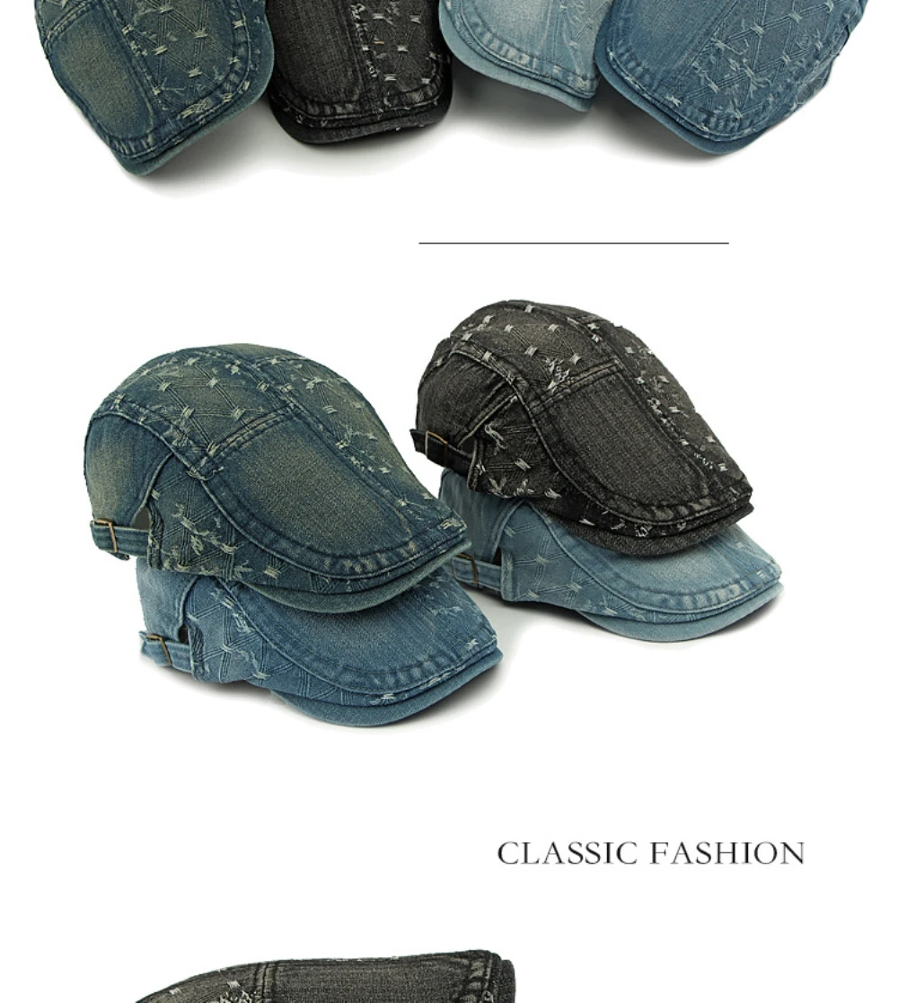 HT4728 Herren- und Damen-Baskenmützen, Verstellbare Ivy-Flatcaps, Künstler- und Malermützen für Frauen, 100% Baumwolle, Hochwertige Denim-Baskenmütze – Detail 3