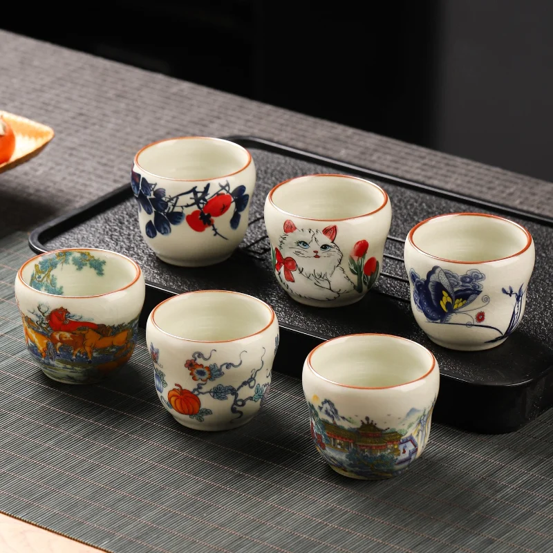 Ru Kiln Fortune Cat Master Tea Cup Cute Crackle‑breed Ceramic Tasting Teacup Personal Kung Fu Tea Drinking Cup