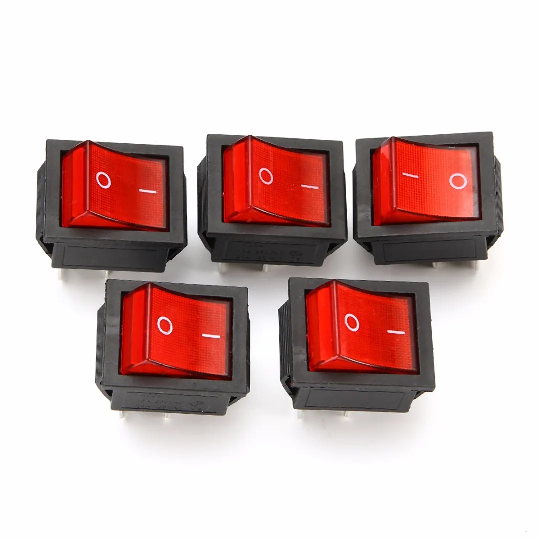 5pcs 2 Position Red Light Rocker Switch 16A/250V KCD4-20 4 Pin ON/OFF Toggle Switches 35 x 25.5 x 10mm