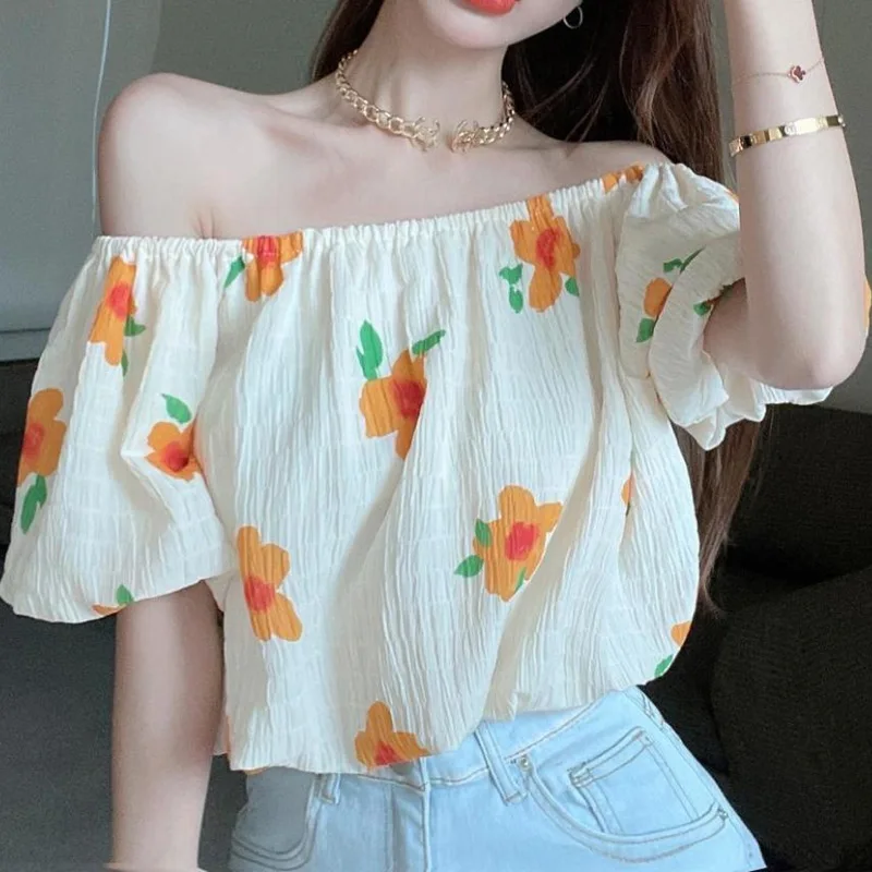 Sexy Floral Loose Short Blouse Summer New Fashion Printing Youth All-match Thin Korean Shirt Tops Elegant Sweet Women Clothing