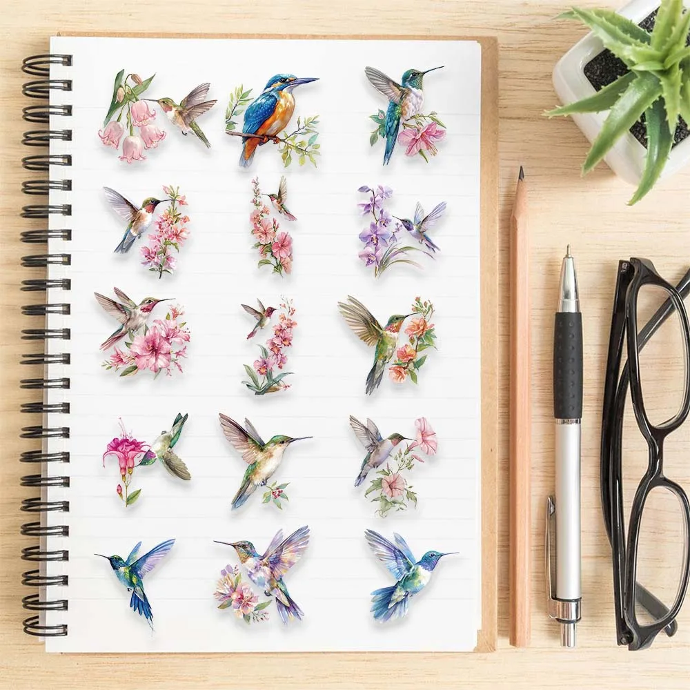 50pcs Flowers Birds Pet Stickers Hummingbird Sticker Pack Pet Transparent Waterproof Decorative Decals For Guitar Notebook