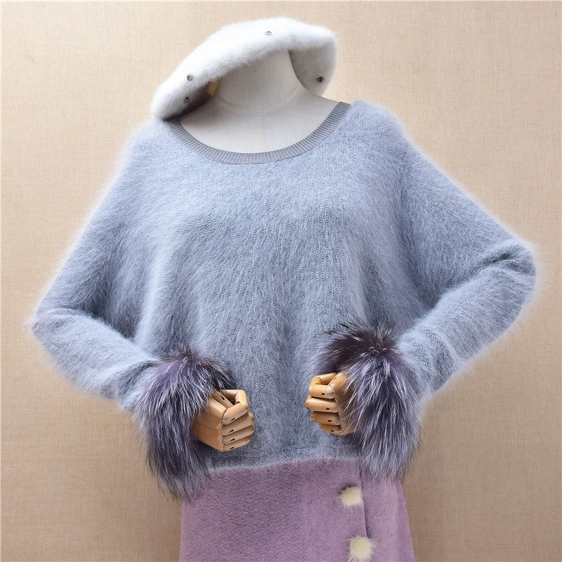 Ladies Women Autumn Winter Crop Top Grey Hairy Angora Rabbit Hair Knitted Fur Sleeves O-Neck Loose Pullover Sweater Jumper Pull