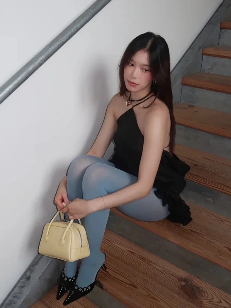 Mini robe noire à lacets et volants irréguliers pour femmes, col licou, Sexy, sans manches, dos nu, ligne a, Y2K, fête, Cocktail, Clubwear