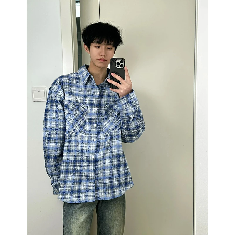 

Blue Tie Dye Plaid Long Sve Men's irt Spring Autumn American Retro Cheered Cleanfit Outerwear Loose Fit Polyester Fiber