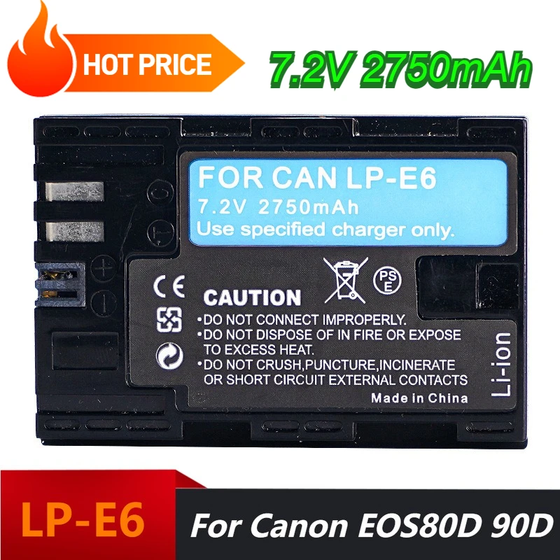 

7.2V 2750mAh Camera Batteries for Canon LP-E6 Lpe6 Camera Batteries for EOS80D 90D 5D3 5D4 6D2 7D R5 5D2 Battery