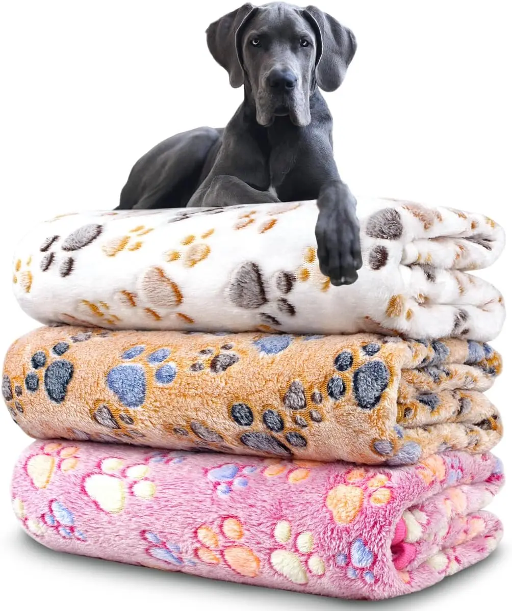 

3 Pack Soft Pet Blankets 41"x31" - Washable Cozy Dog Cat Throw for Crate Bed Sofa, Cute Paw Pattern