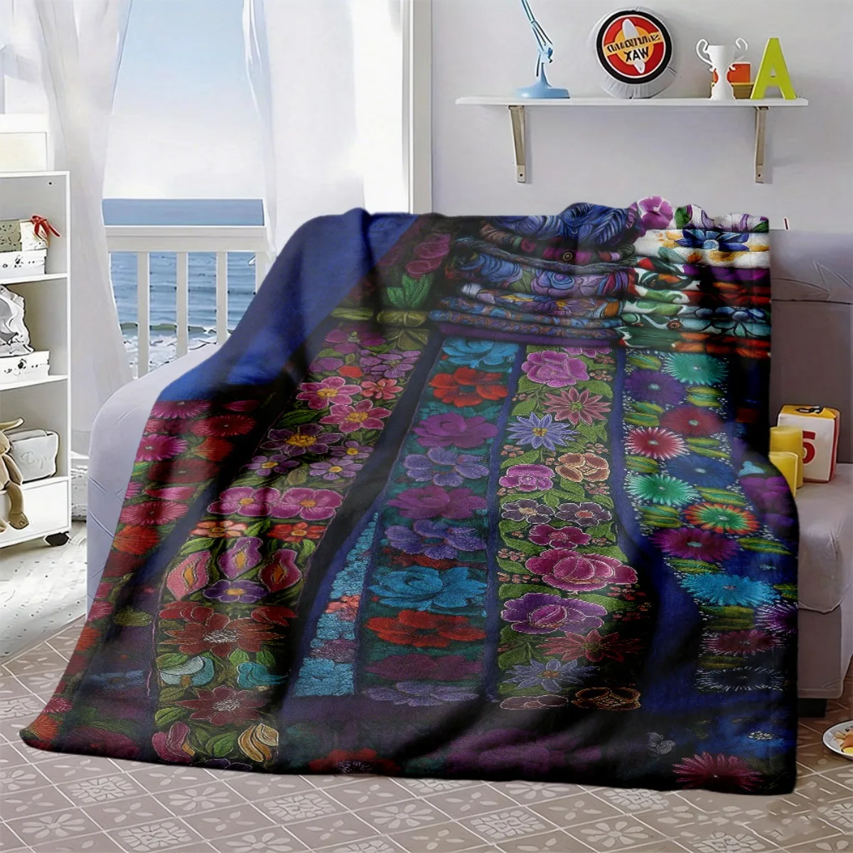 Mexican Ethnic Bright Multicolor Flower Embroidery Pattern Fleece Blanket Fit Living Bed Camping Travel All-season Household