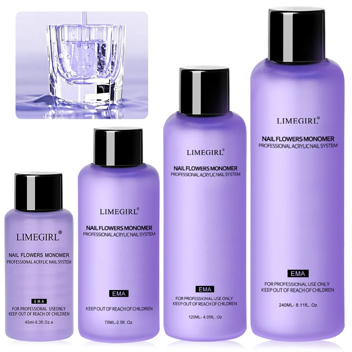 Limegirl Líquido Acrílico para Uñas de Gran Capacidad, Monómero Cristalino 40/70/120/240ml para Arte de Uñas, Polvo Acrílico DIY, Líquido para Manicura