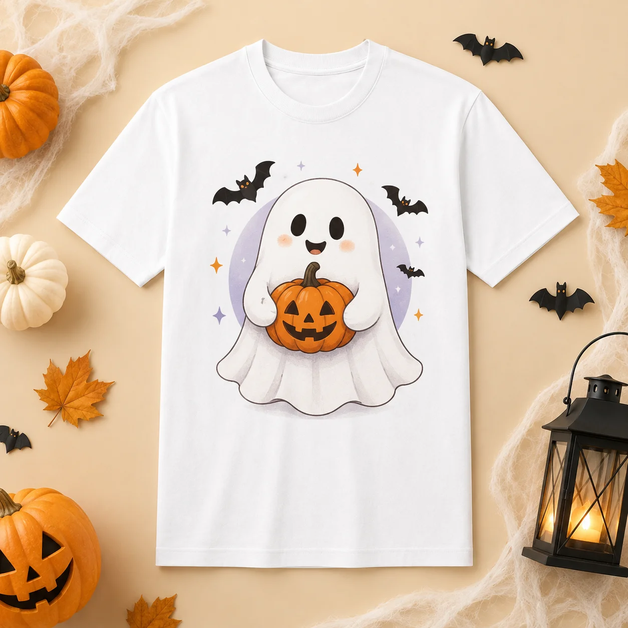Halloween Cute Spooky T‑Shirt Unisex Fashion Short Sleeve Tees Ghost Holding Jack‑O‑Lantern Flying Bat Star Print Cotton Shirt