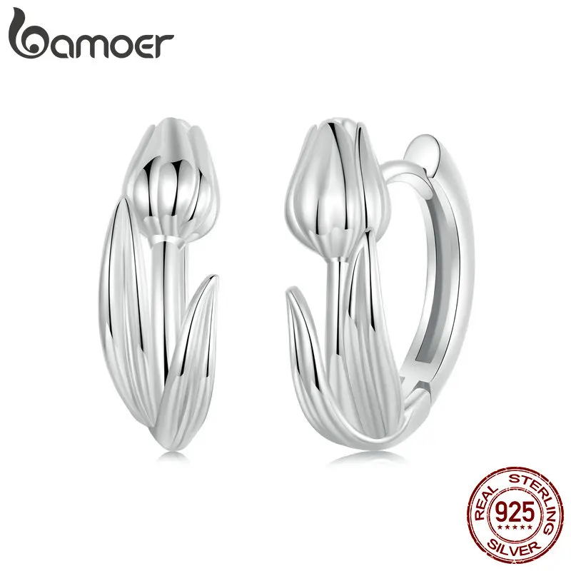 BAMOER Solid 925 Sterling Silver Tulip Flower Hoop Earrings for Women Cluster Flower Hoop Earrings BSE1085