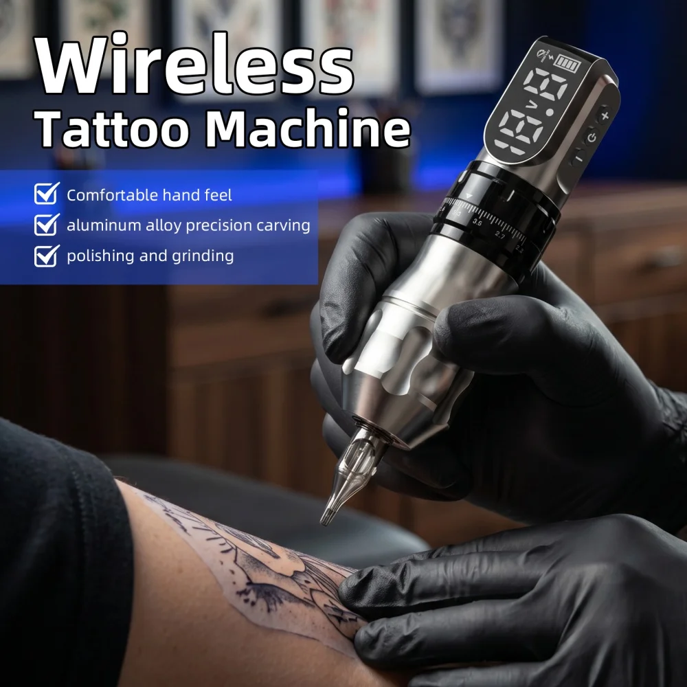 DQFART New In T9 Electric Wireless Tattoo Machine Controllable Travel Black Silvery Body Art Creative Designs Tattoo Artists