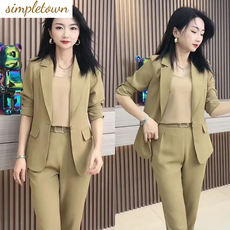 Korean Style Slim Fit Jacket Blazer Casual Pencil Pants Two Piece Set Elegant Women\'s Pants Set Office Summer Outfits