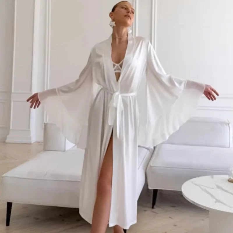2026 European American Spring Summer New White Satin Lace Up Long Bathrobe Nightgown Pajamas Loungewear Women Floor Length