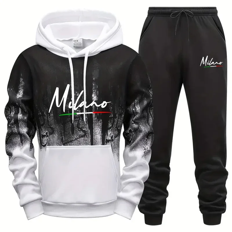 Mens Tracksuit Print Splash-ink Sweatshirt Sweatpants 2 Pcs Sets Outdoors Sports Jogging Mens Clothing Casual Hoodies Sportswear