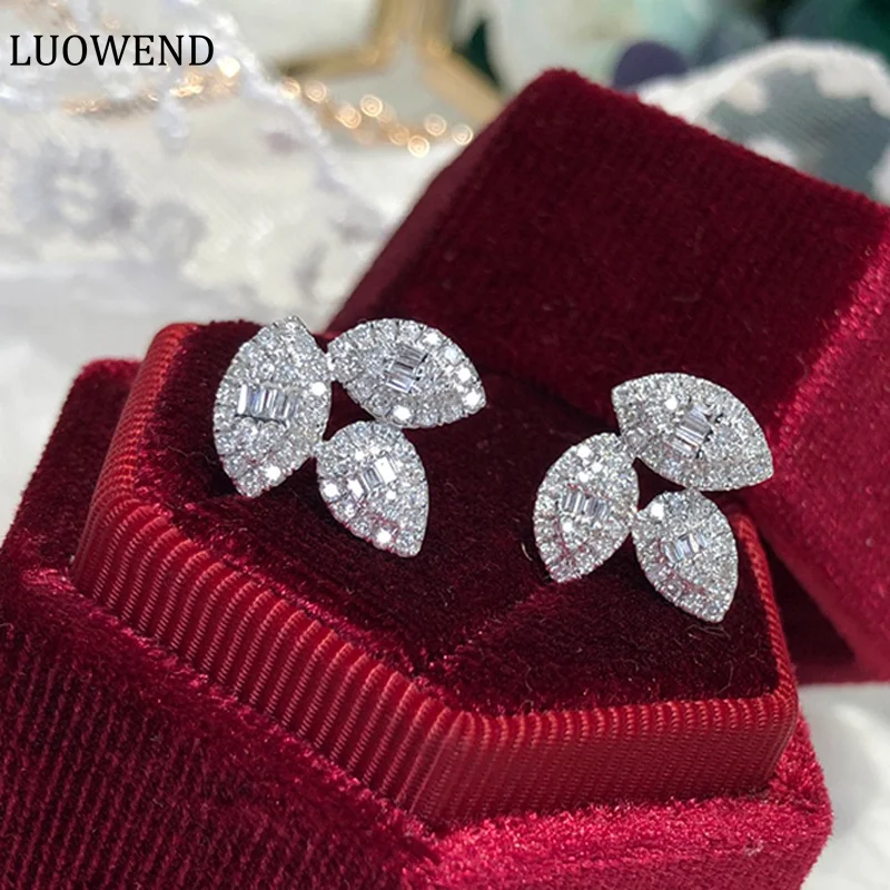 

LUOWEND 18K White Gold Earrings Fashion Leaf Design 0.70carat Real Natural Diamond Stud Earrings for Women Engagement Jewelry