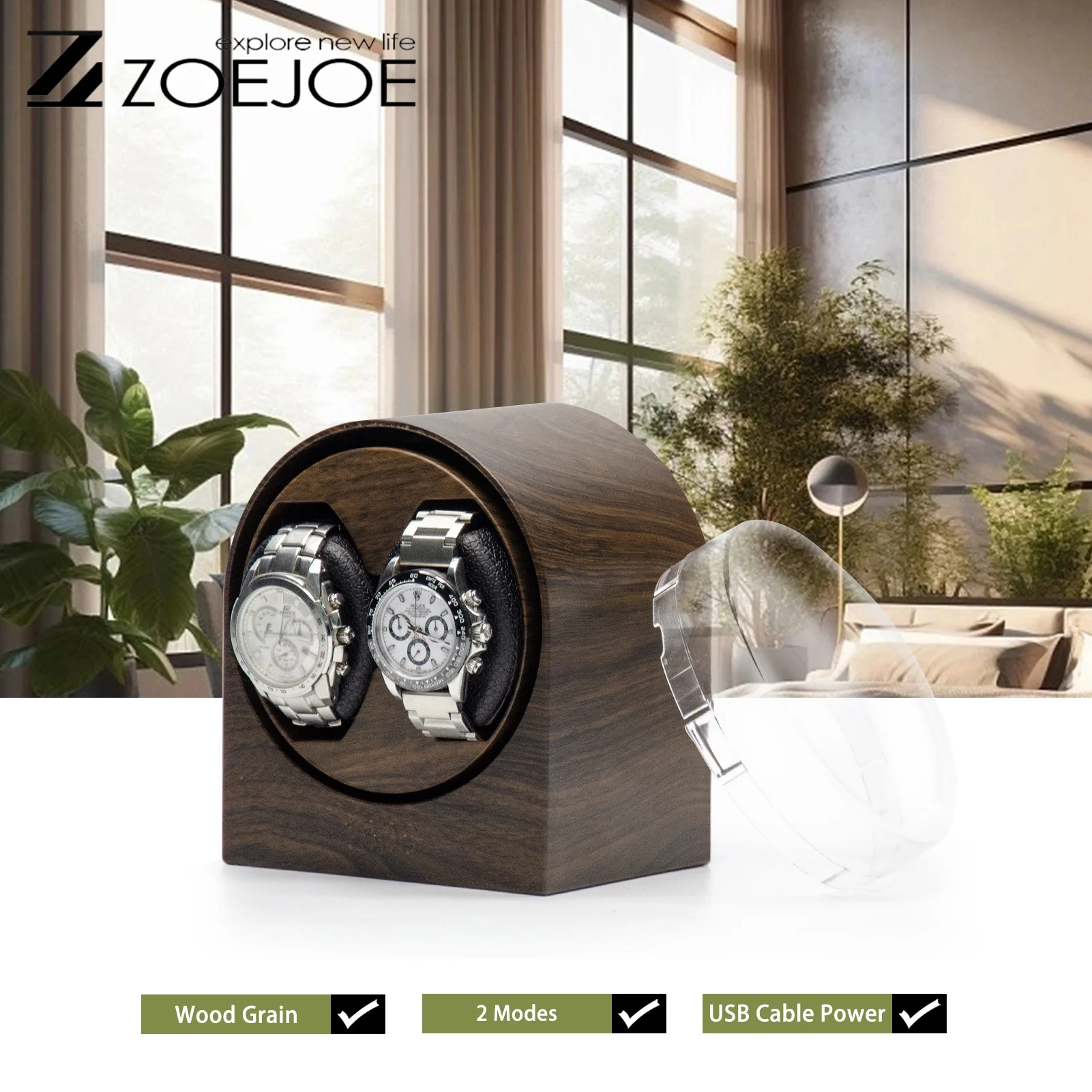 ZOEJOE Automatic Watch Winder Wood Grain Color Usb Cable Supply Low Noise Flexible Pillow For Universal Watch Gifts For Friends