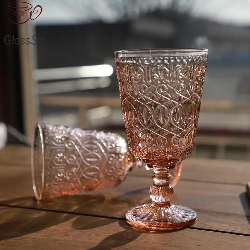 2Pcs Vintage Relief Wine Glass Cups Color Embossed Goblet Home Juice Water Cup Wedding Party Champagne Cocktail Cup Gift 350Ml