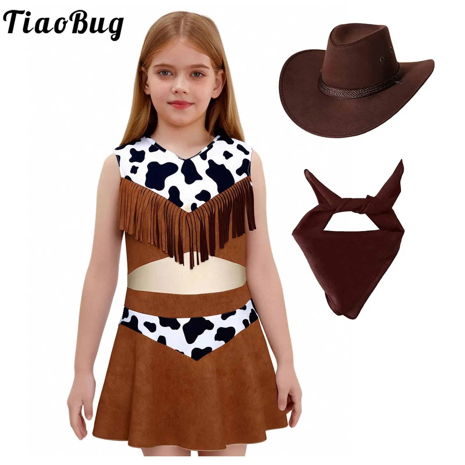 

Halloween Dress Up Outfit for Girls Cowgirl Costume Sleeveless Tassels Crotch Button Dress And Cowgirl Hat Paisley Bandana