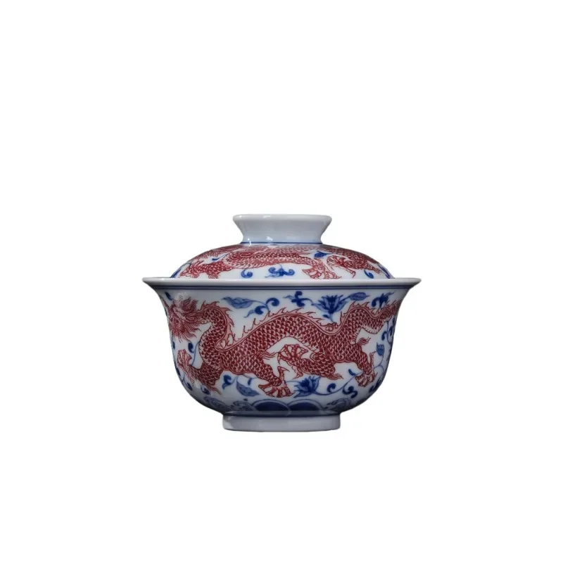 Ceramic underglaze blue and white glaze red cover bowl Chinese household tea bowl