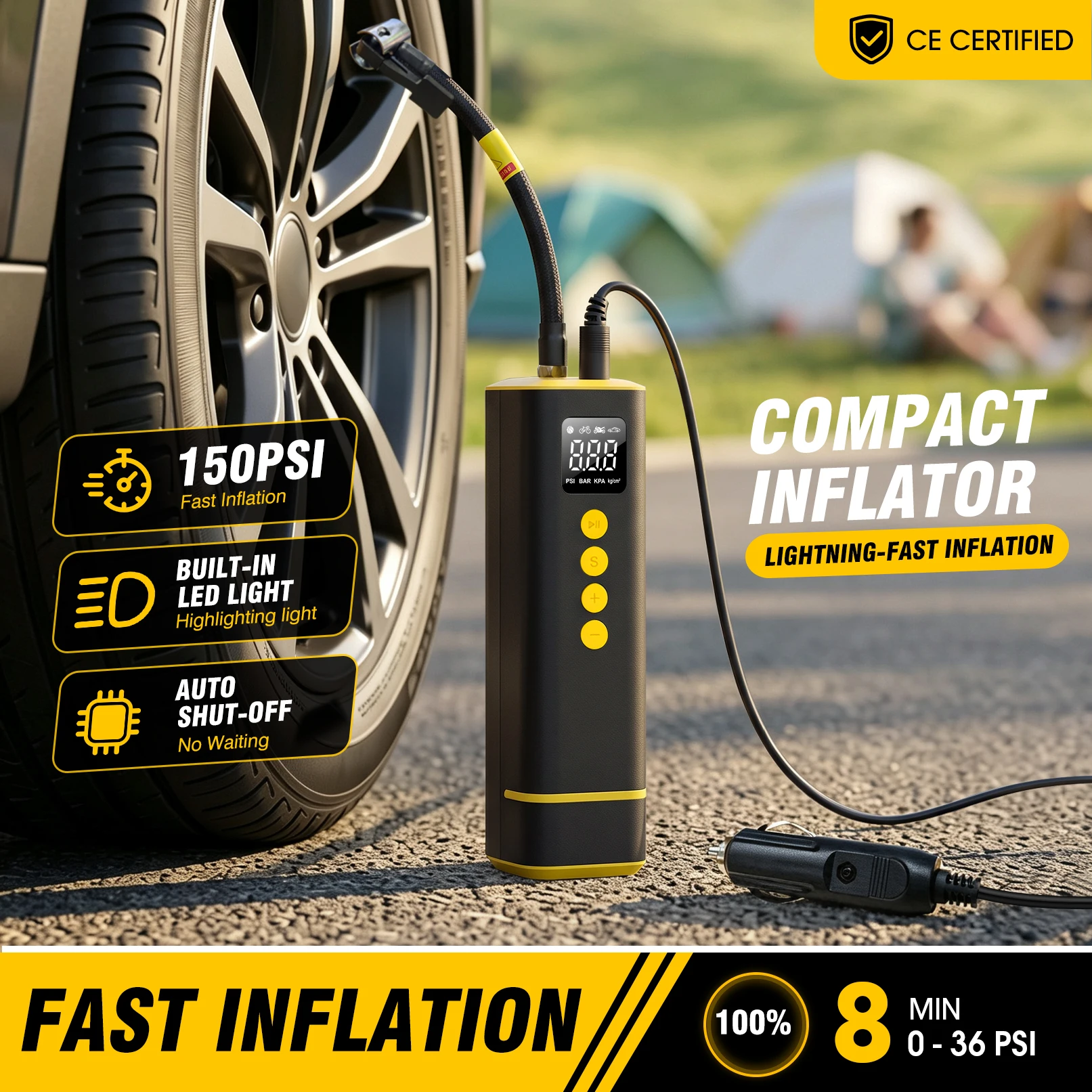 CARSUN Car Tire Inflator 12V 150PSI Auto Shut-off LED Light LCD Pressure Gauge 8 Min 0-36 PSI for Motorcycle Bicycle Ball CE