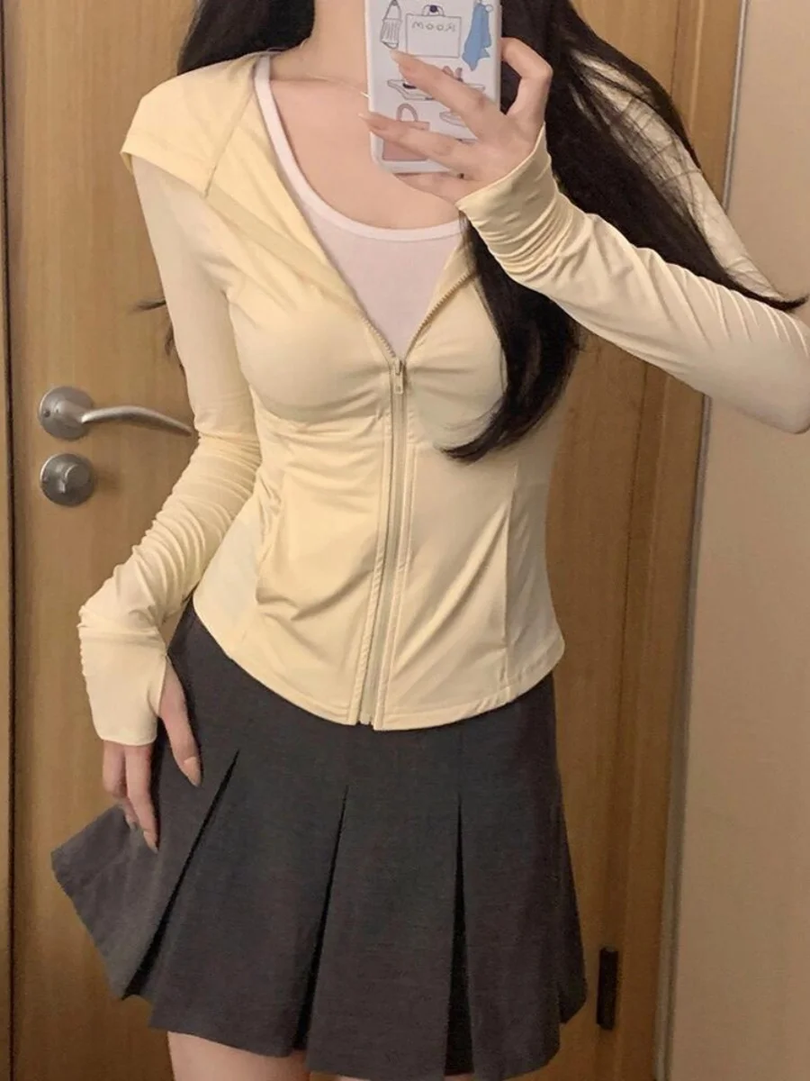 

Women's Ice Silk UV Protection Clothing Summer Slim Fit Yellow Outerwear Anti-Uv Fashionable Zipper Short Sleeve Hoodie