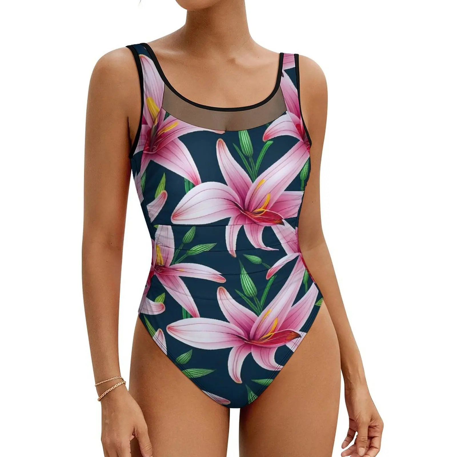 Lily Floral Swimsuit Sexy Pink Flowers One Piece Swimwear Push Up Bodysuit Classic Beach Bathing Suit