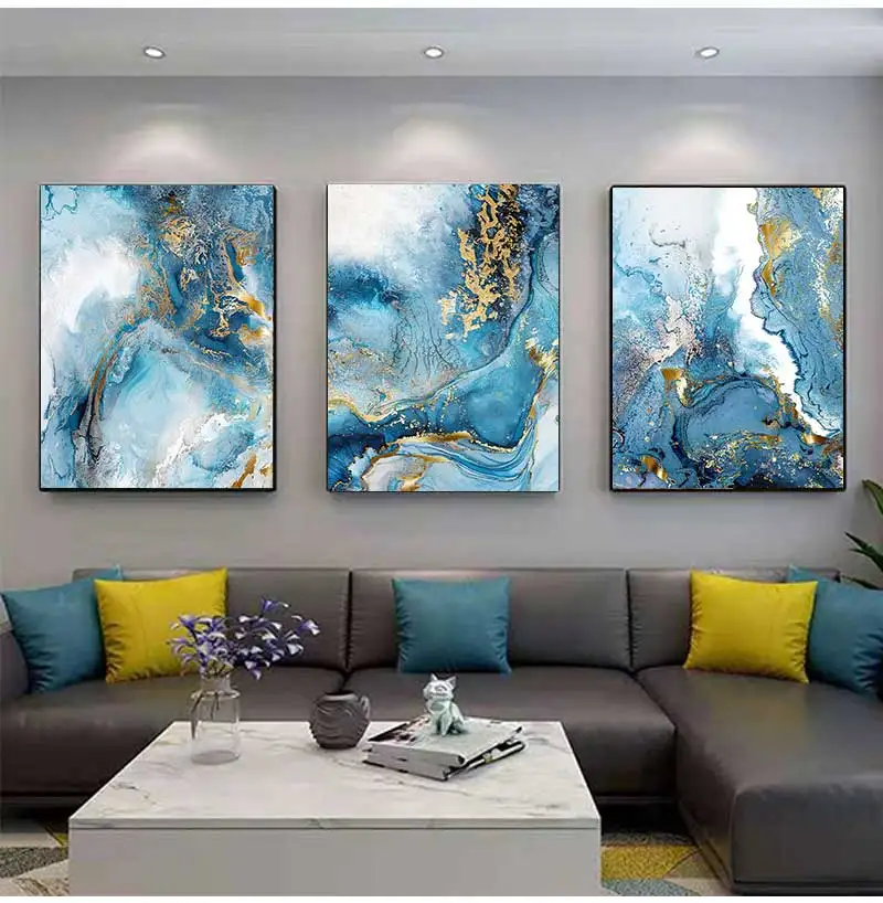 3 Pcs Gold Foil Blue Marble Texture Luxury Poster Prints Pictures Teal Watercolor Wall Art Canvas Painting for Modern Home Decor