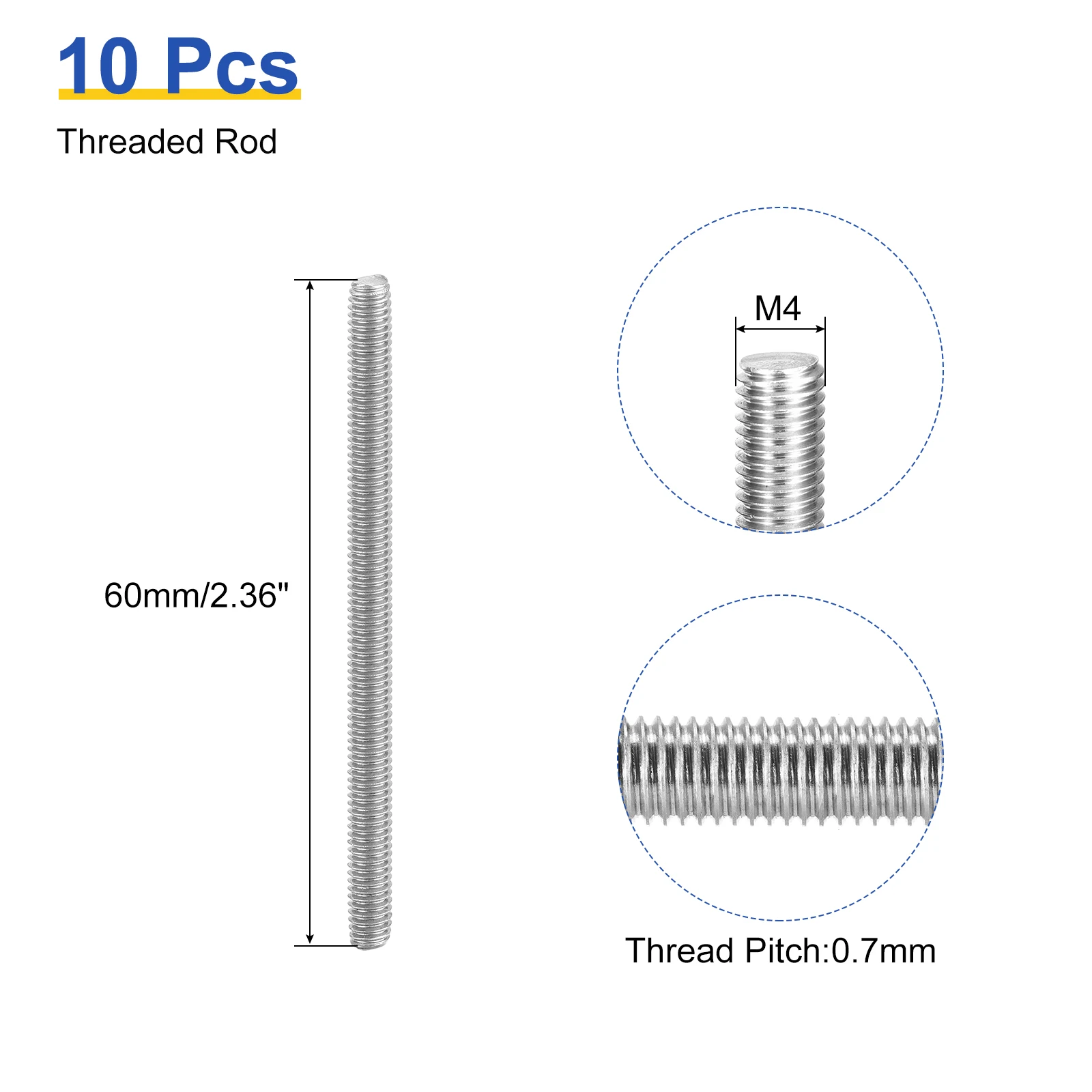 Uxcell 5/10/15pcs M4 M6 Fully Threaded Rod Right Hand Threads 304 Stainless Steel Length 30/40/50/60/70/80/90mm