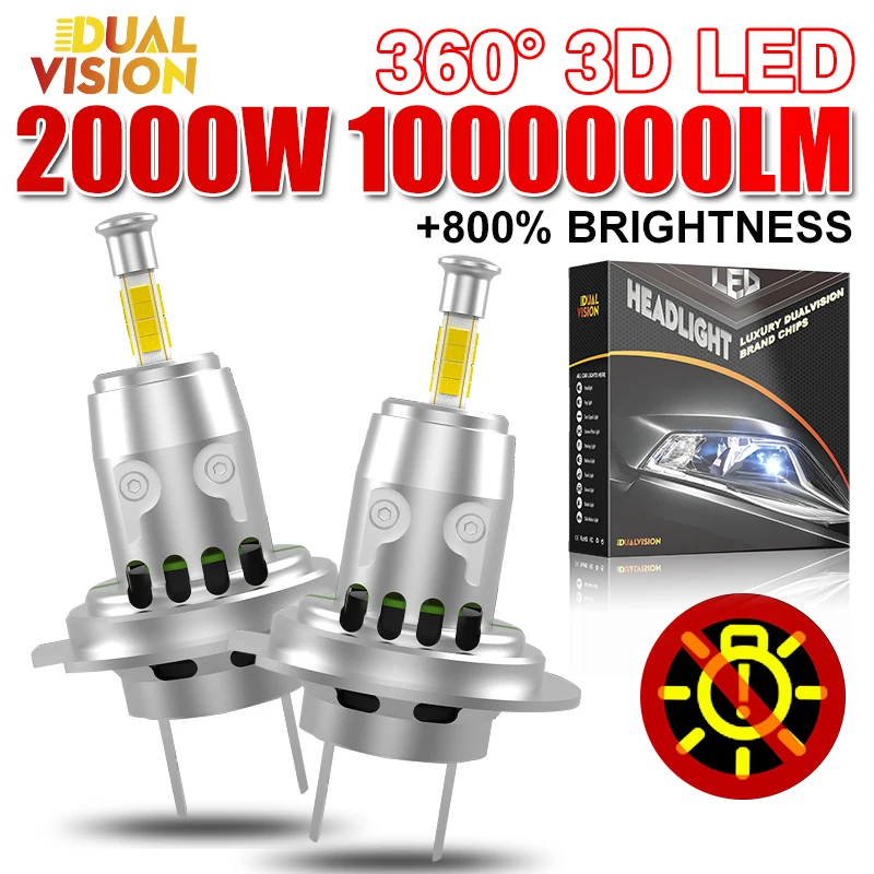 

2000W H7 360 3D LED Headlight CANBUS Super Bright 4 Sided 1:1 Mini HeadLamp Wireless 6000K White Turbo Fan Car Lamp Fog Lights